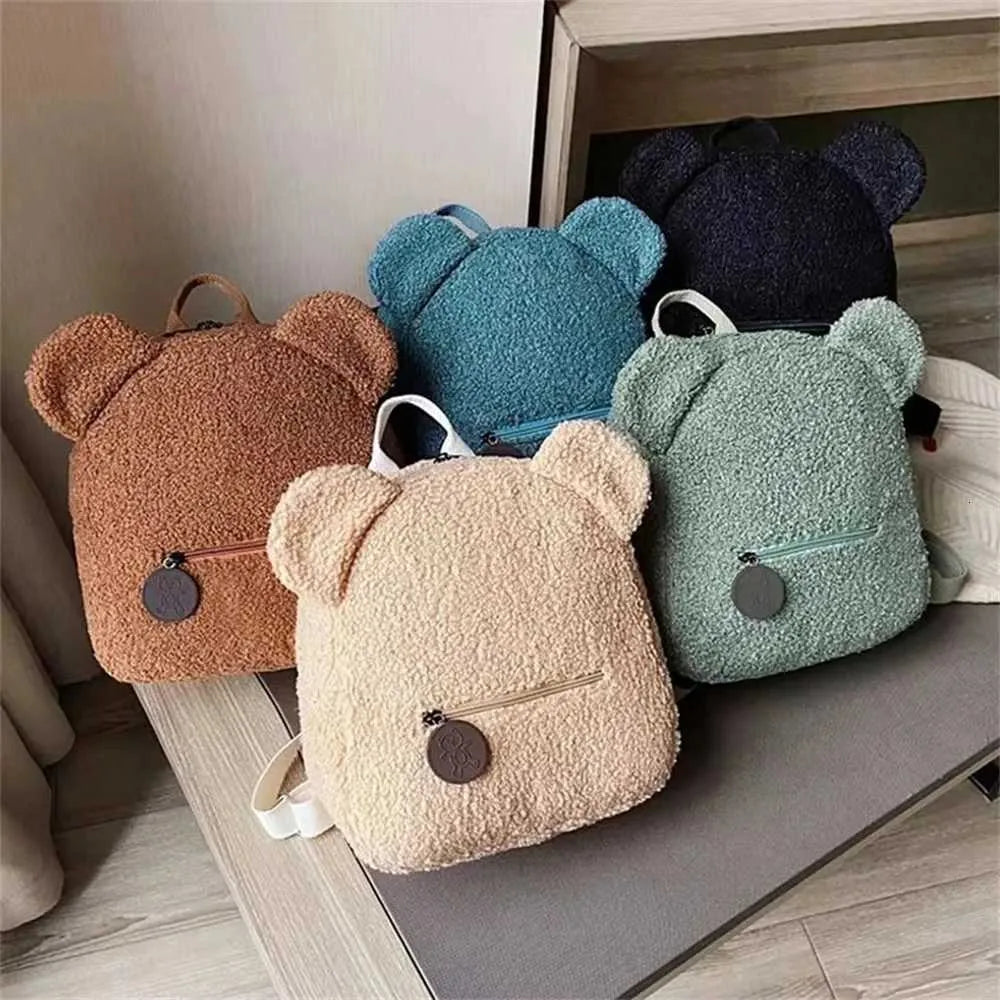 1Pcs Cute Bear Ear Fleece Small Backpack Kids Girls Casual Warm Lambswool Daypack Bag Schoolbag Backpack for Travel