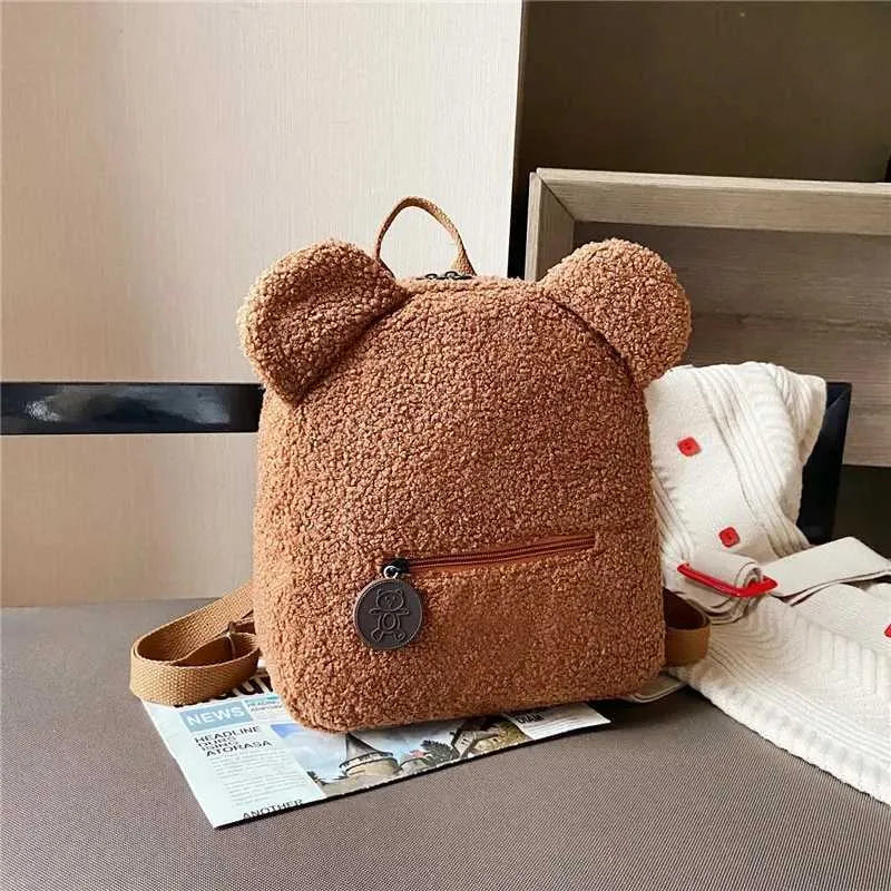 1Pcs Cute Bear Ear Fleece Small Backpack Kids Girls Casual Warm Lambswool Daypack Bag Schoolbag Backpack for Travel
