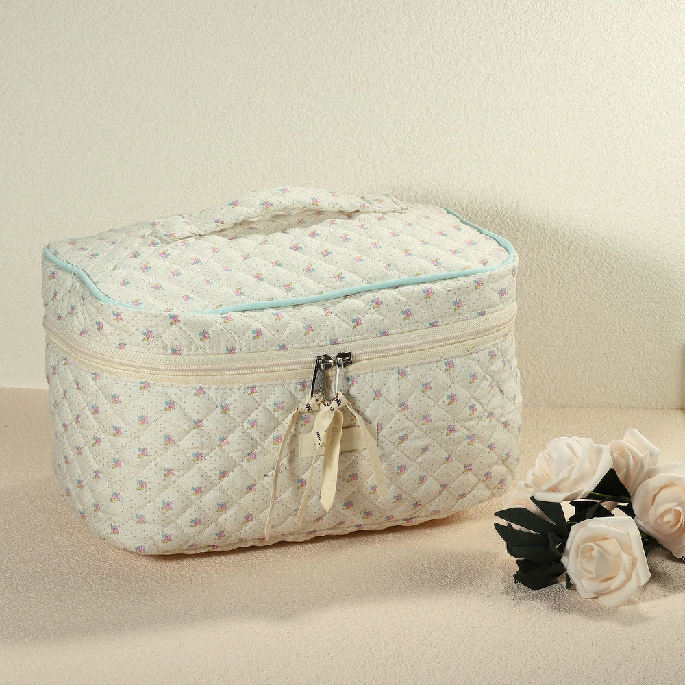 Cotton Makeup Bag Aesthetic Cute Floral Pattern Makeup Bag for Women Beige - 9"x3"x8"