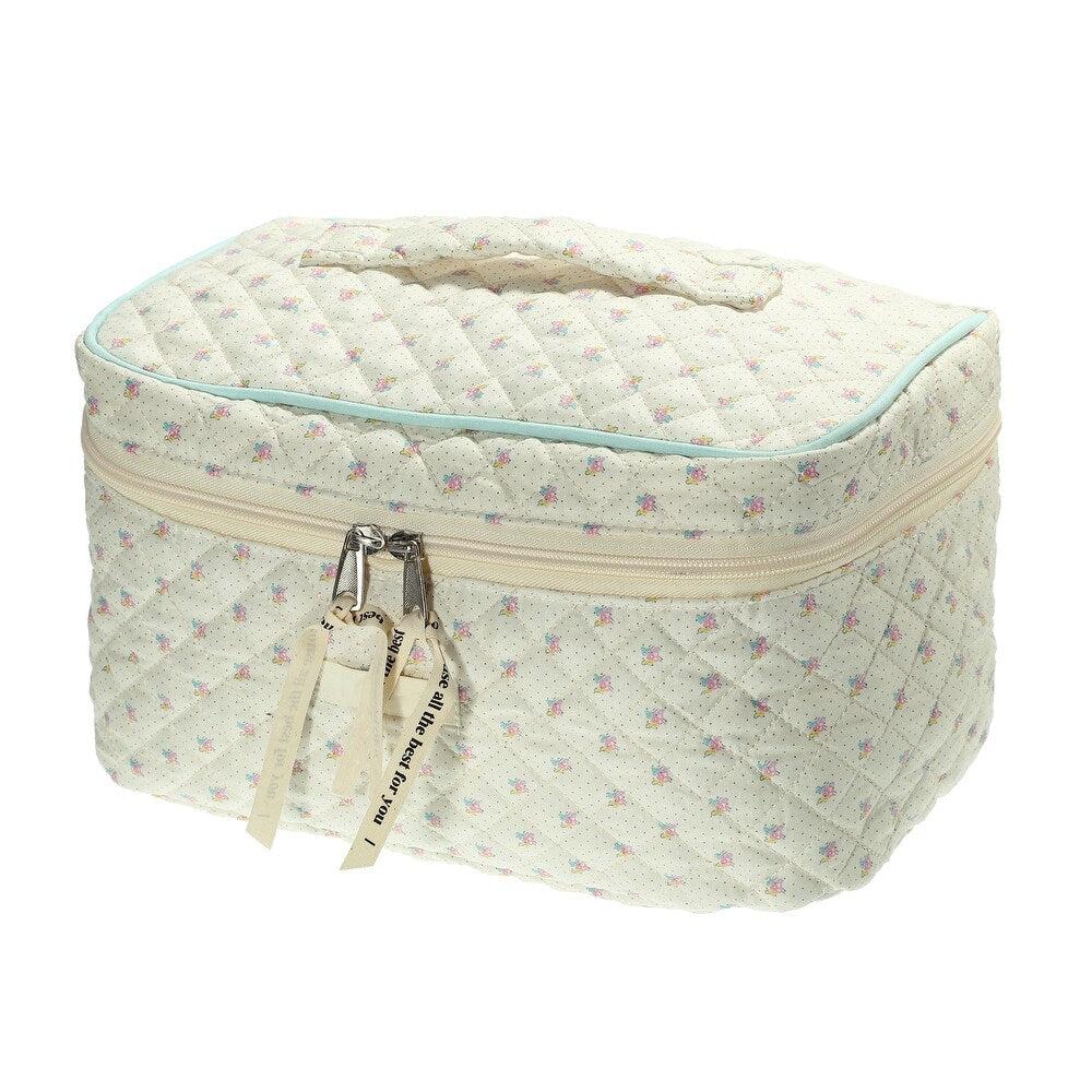 Cotton Makeup Bag Aesthetic Cute Floral Pattern Makeup Bag for Women Beige - 9"x3"x8"